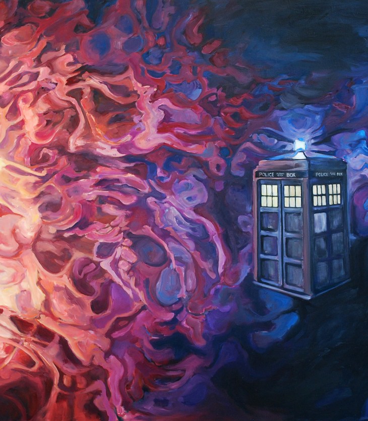 Doctor Who painting, titled The TARDIS and the time vortex, by Angie Lister